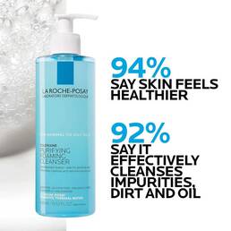 La Roche-Posay Toleriane Purifying Foaming Cleanser, removes makeup without stripping the skin's moisture. 94% of users say skin feels healthier; 92% say it effectively cleanses impurities and oil.	