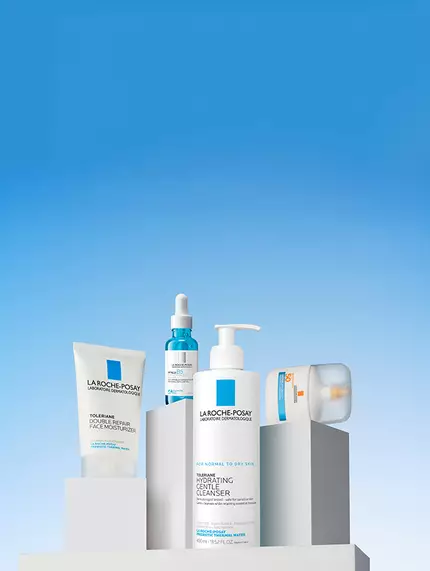 Best selling La Roche Posay products on blue background