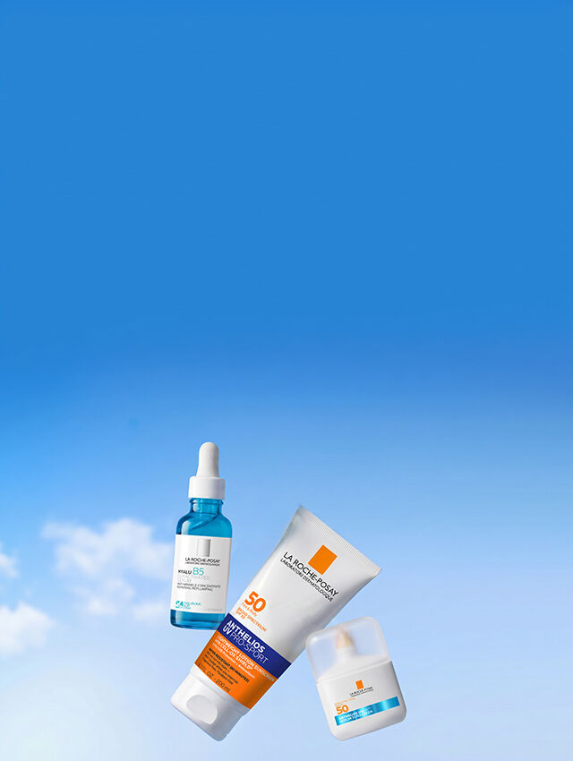 Best selling La Roche Posay products on blue background