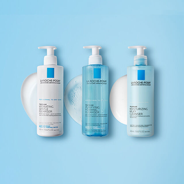 3 Best Selling La Roche-Posay Cleanser Products on a blue background