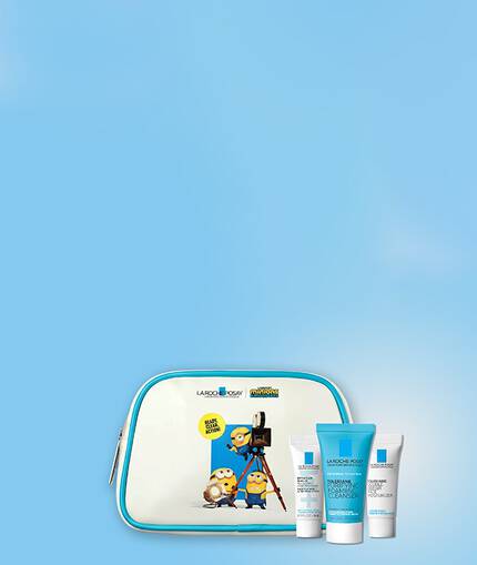 Minion pouch and 3 La Roche-Posay samples on a blue background