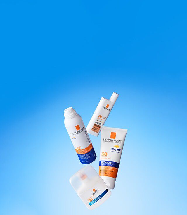Best selling La Roche Posay sunscreens on blue background
