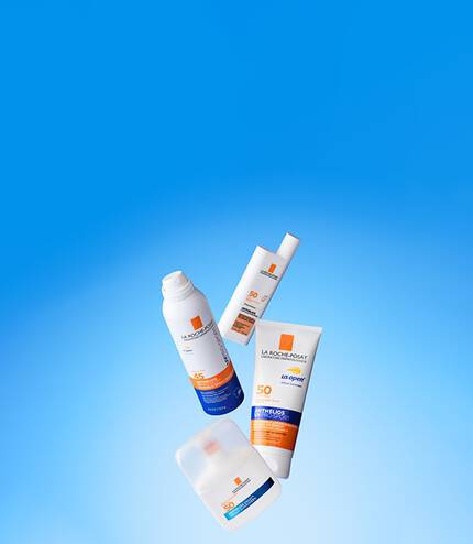 Best selling La Roche Posay sunscreens on blue background