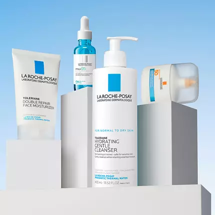 Best selling La Roche Posay products on blue blackground