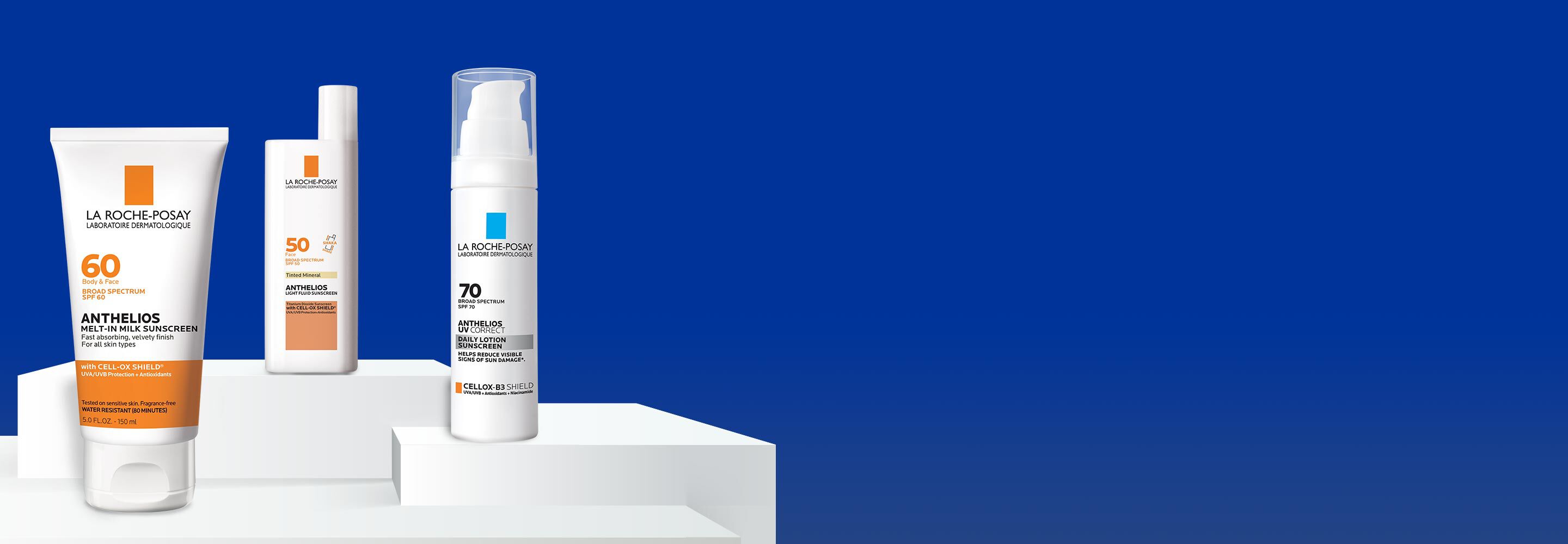 PRODUCT GROUPING - assorted LaRoche Posay products on blue background