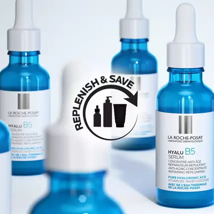 la-roche posay products banner with text that reads replenish and save