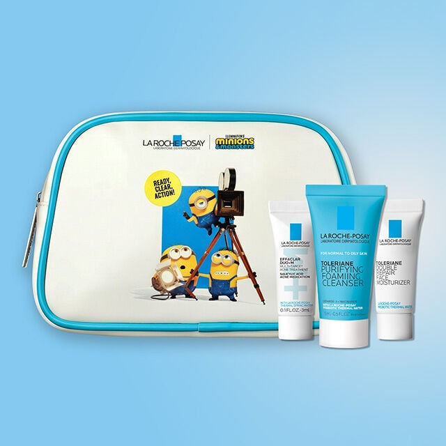 Minion Travel Pouch and 3 La Roche-Posay Sample Products on a blue background